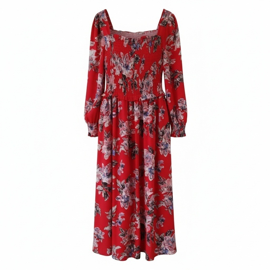 Chelsea28 Red Floral Smocked Bodice Midi Dress Long Sleeve Xxl Nwt Nordstrom — image 2 of 8